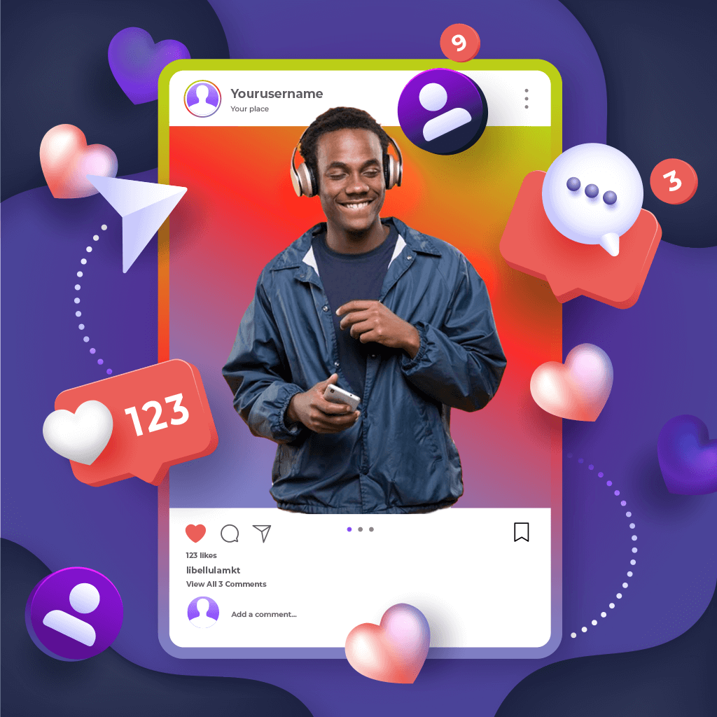 Pessoa sorrindo com fones de ouvido, usando o Instagram com reações em destaque.