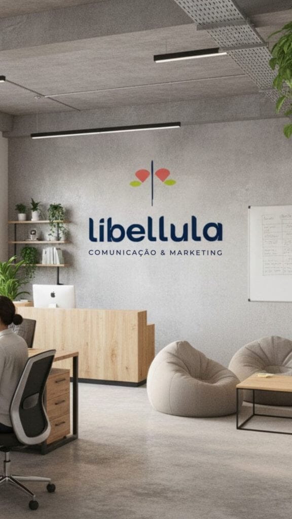 Ambiente da agência Libellula com logotipo e equipe de trabalho