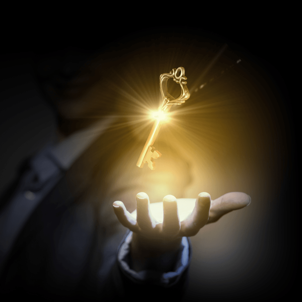 Chave dourada e brilhante nas mãos de um corretor de imóveis