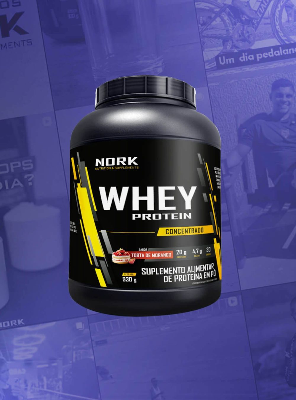 Suplemento de Whey Protein Nork sabor torta de morango.